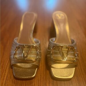 Valentino Gold Mules with Logo Accent